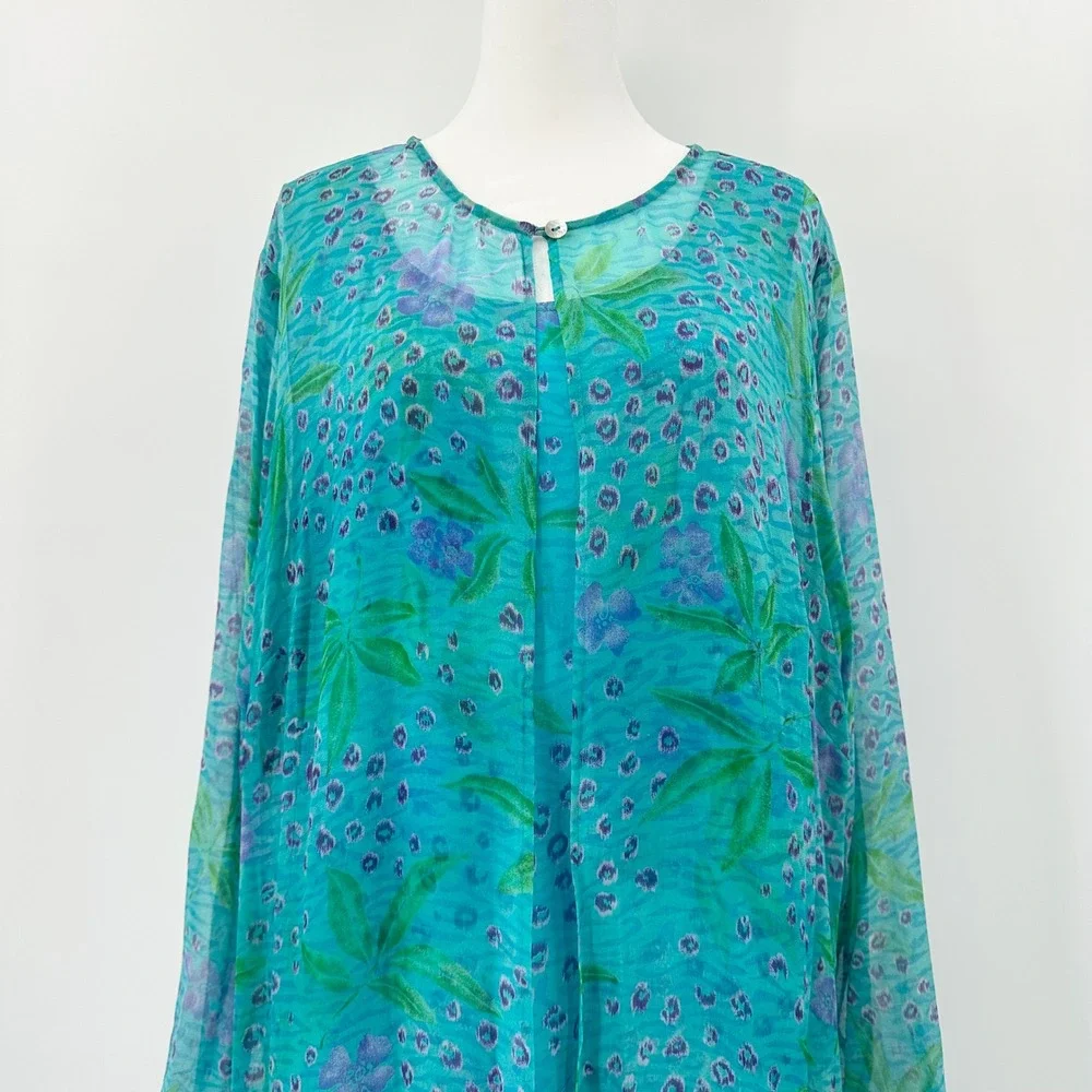 Robbie Bee 2 Piece Silk Dress Set Maxi Duster Teal Floral 18W Vintage 90's